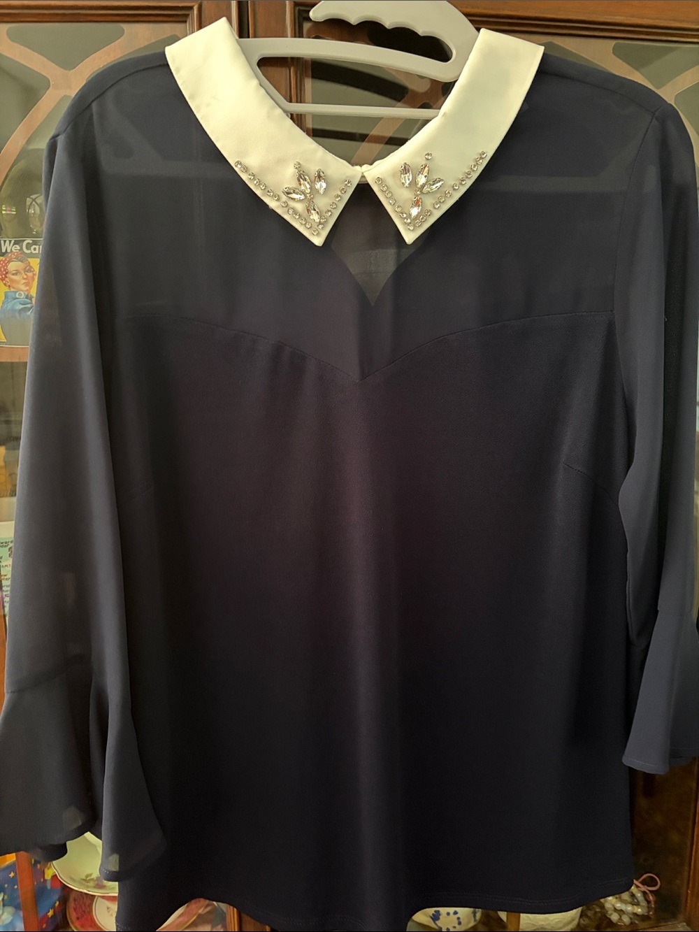 Faith and Joy Navy Blouse with Cream Jeweled Collar